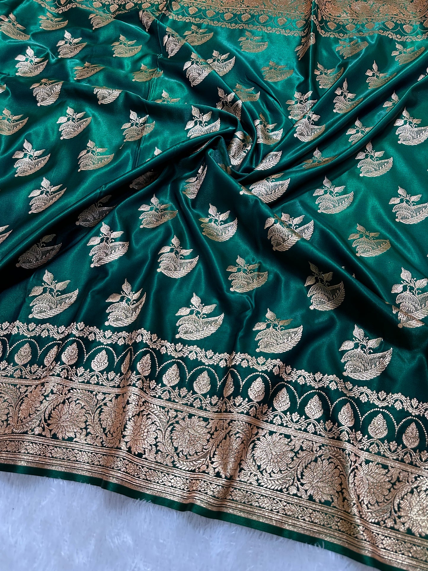 Elegant Bottle Green Satin Silk Banarasi Saree with Royal Floral Jhallar Border and Royal Peacock Paisley Butis