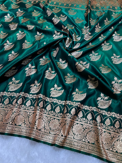 Elegant Bottle Green Satin Silk Banarasi Saree with Royal Floral Jhallar Border and Royal Peacock Paisley Butis