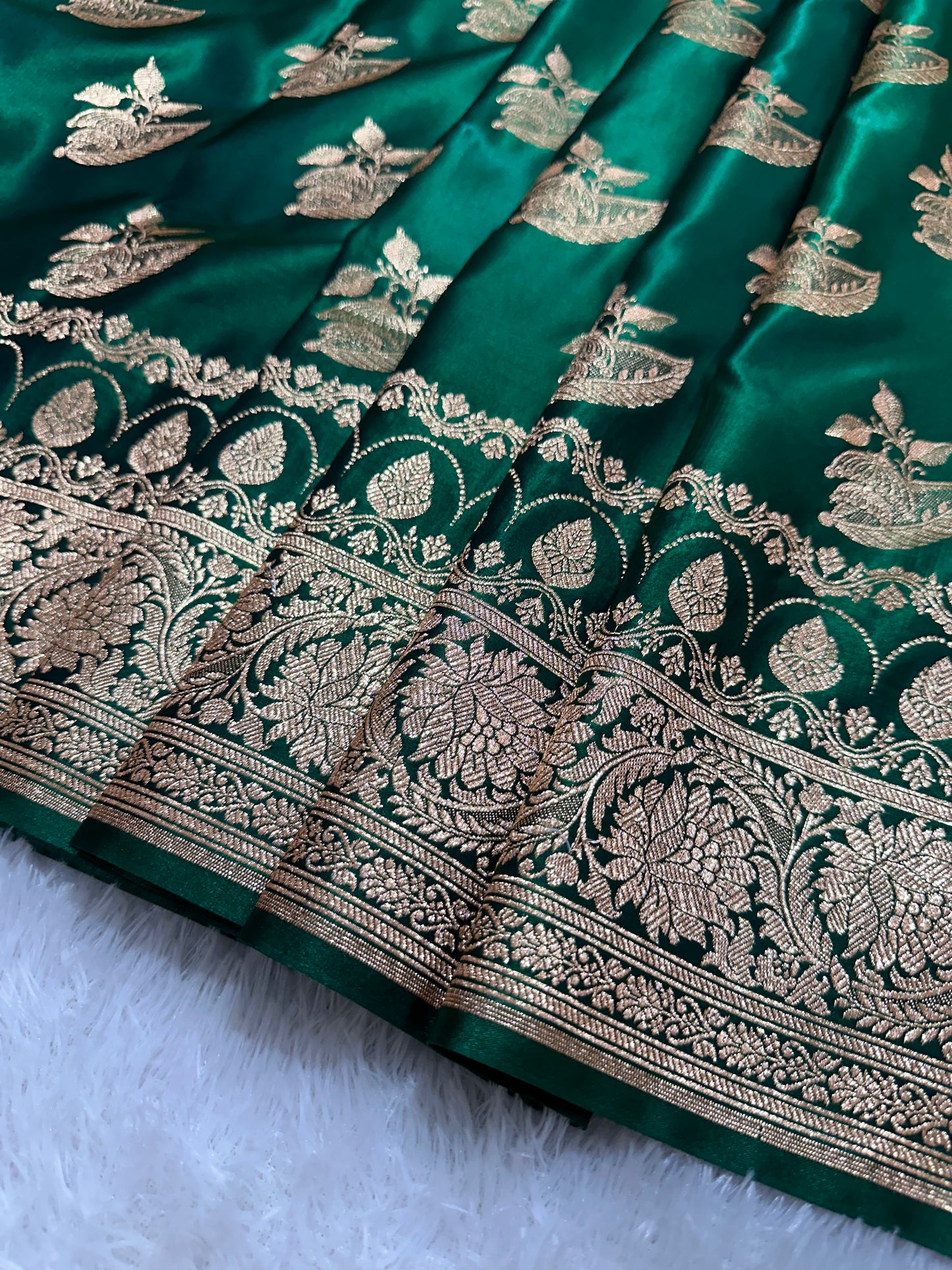 Elegant Bottle Green Satin Silk Banarasi Saree with Royal Floral Jhallar Border and Royal Peacock Paisley Butis
