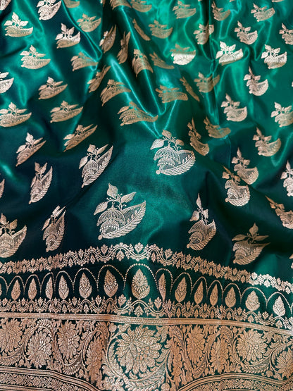 Elegant Bottle Green Satin Silk Banarasi Saree with Royal Floral Jhallar Border and Royal Peacock Paisley Butis