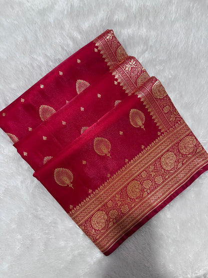 Elegant Crimson Red Satin Silk Banarasi Saree with Royal Meena-Floral Border and Ornate Peacock Feather Butis