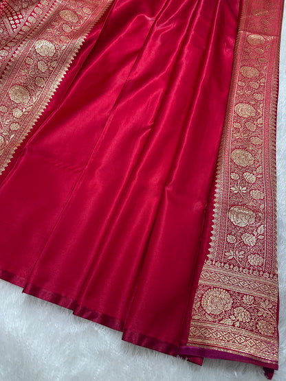 Elegant Crimson Red Satin Silk Banarasi Saree with Royal Meena-Floral Border and Ornate Peacock Feather Butis