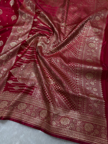 Elegant Crimson Red Satin Silk Banarasi Saree with Royal Meena-Floral Border and Ornate Peacock Feather Butis