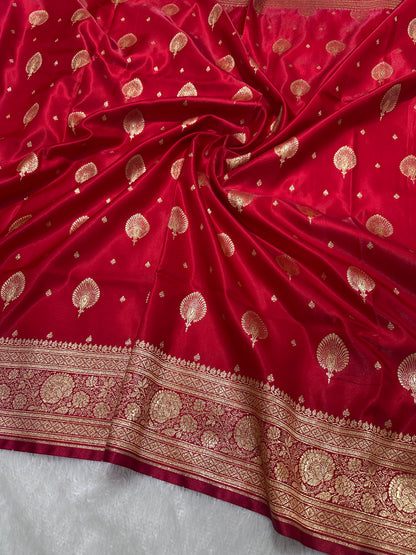 Elegant Crimson Red Satin Silk Banarasi Saree with Royal Meena-Floral Border and Ornate Peacock Feather Butis