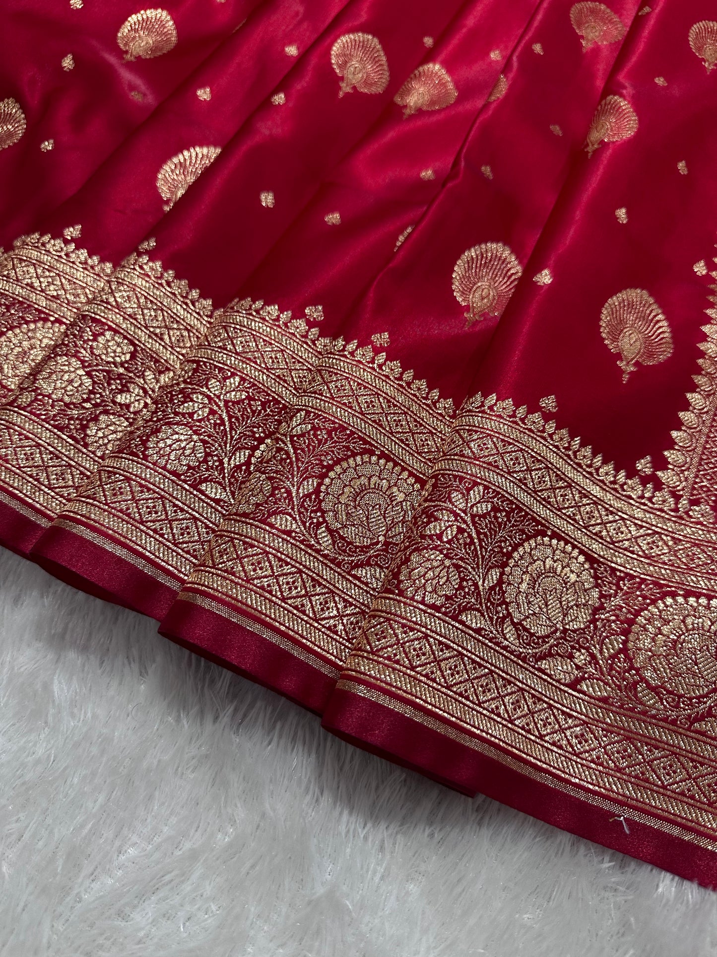 Elegant Crimson Red Satin Silk Banarasi Saree with Royal Meena-Floral Border and Ornate Peacock Feather Butis