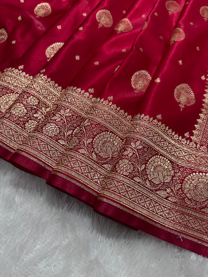 Elegant Crimson Red Satin Silk Banarasi Saree with Royal Meena-Floral Border and Ornate Peacock Feather Butis