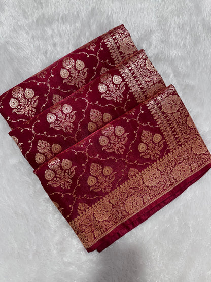 Elegant Maroon Satin Silk Banarasi Saree with Ornate Floral Vine Border and Full Jaal Body Work
