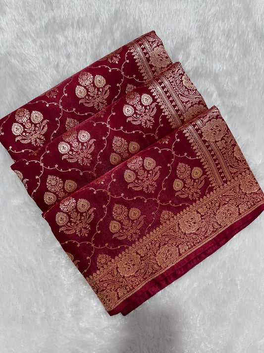 Elegant Maroon Satin Silk Banarasi Saree with Ornate Floral Vine Border and Full Jaal Body Work