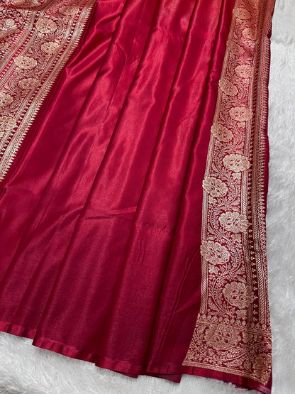 Elegant Maroon Satin Silk Banarasi Saree with Ornate Floral Vine Border and Full Jaal Body Work