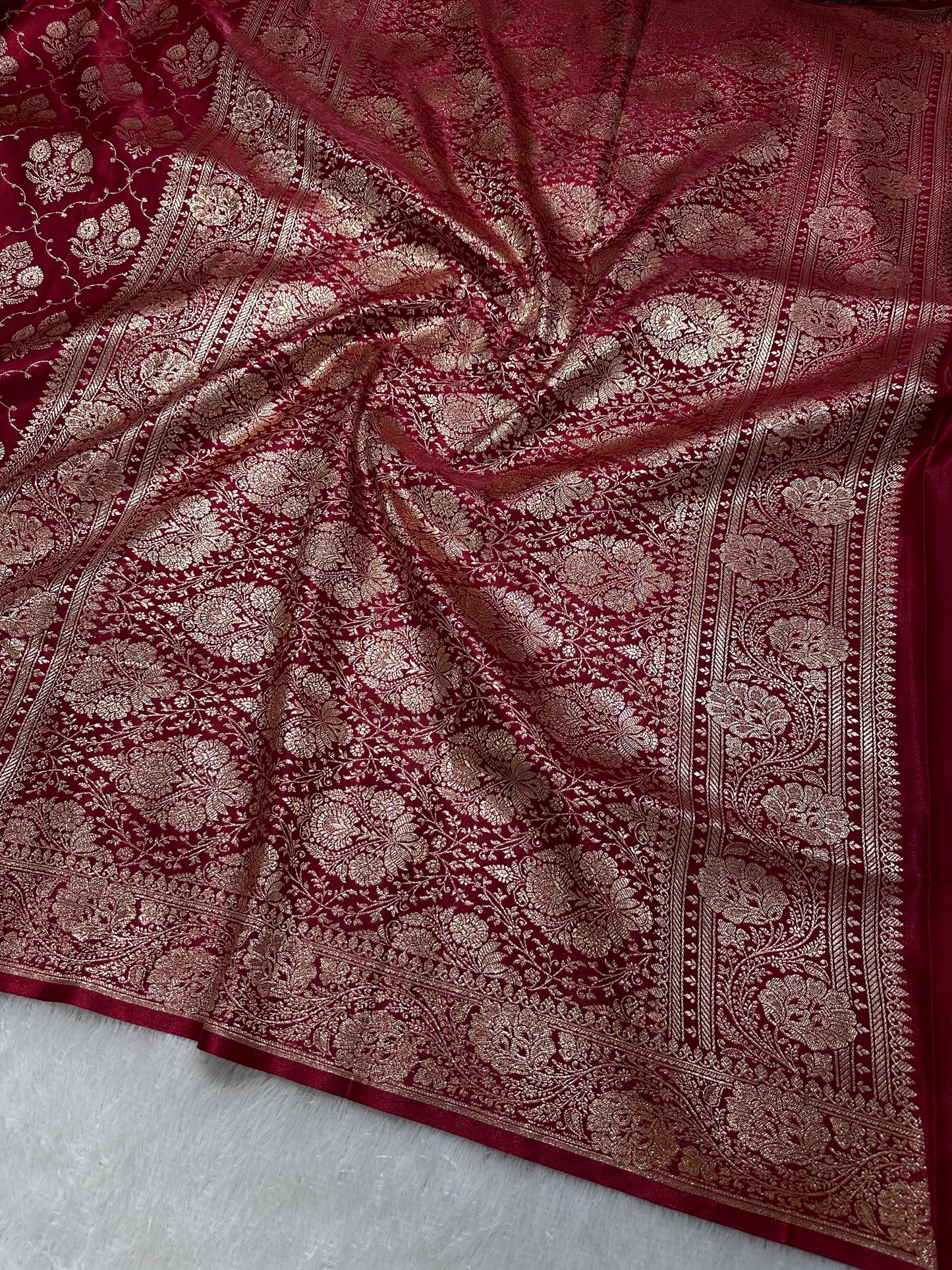 Elegant Maroon Satin Silk Banarasi Saree with Ornate Floral Vine Border and Full Jaal Body Work