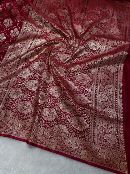 Elegant Maroon Satin Silk Banarasi Saree with Ornate Floral Vine Border and Full Jaal Body Work