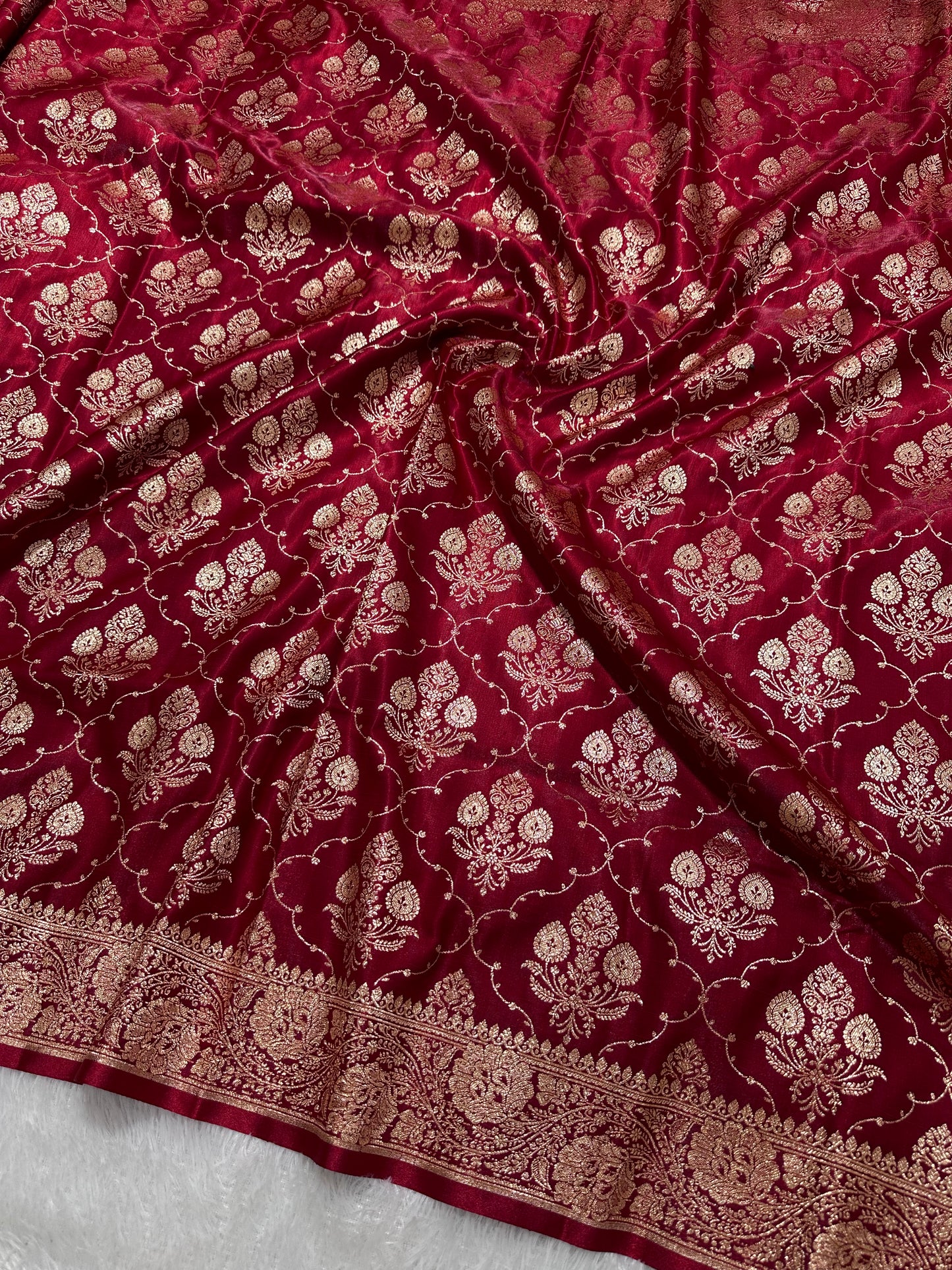Elegant Maroon Satin Silk Banarasi Saree with Ornate Floral Vine Border and Full Jaal Body Work