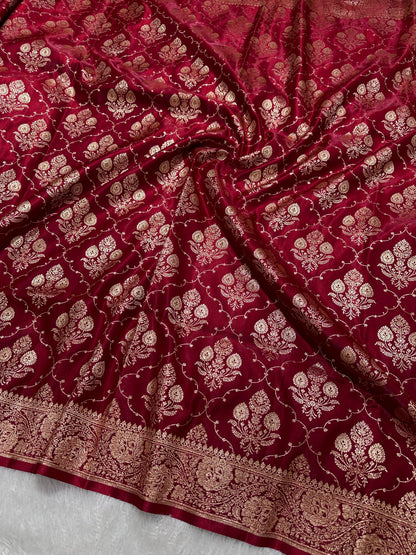 Elegant Maroon Satin Silk Banarasi Saree with Ornate Floral Vine Border and Full Jaal Body Work