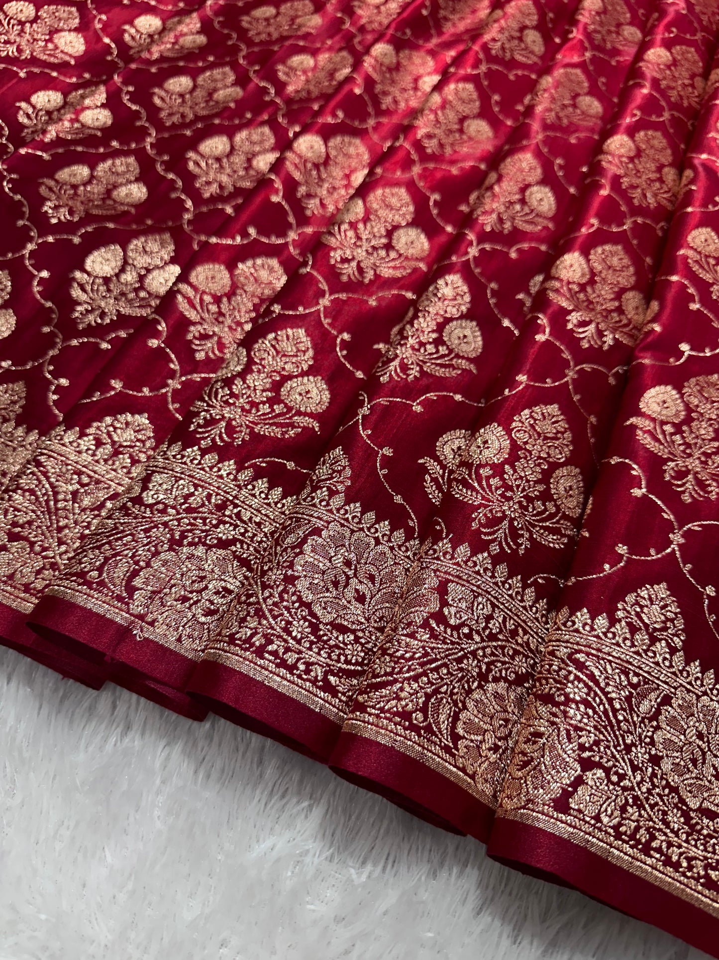 Elegant Maroon Satin Silk Banarasi Saree with Ornate Floral Vine Border and Full Jaal Body Work