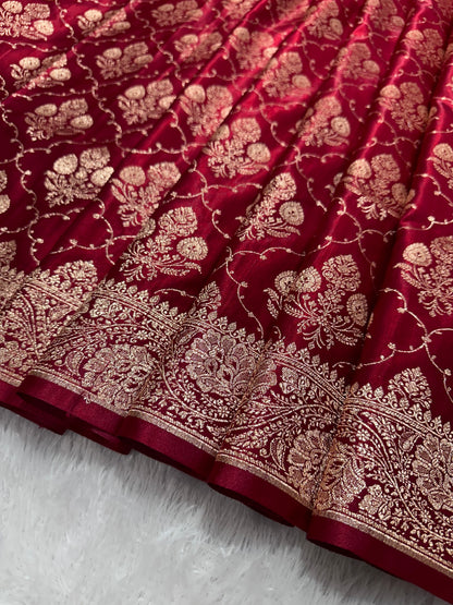 Elegant Maroon Satin Silk Banarasi Saree with Ornate Floral Vine Border and Full Jaal Body Work
