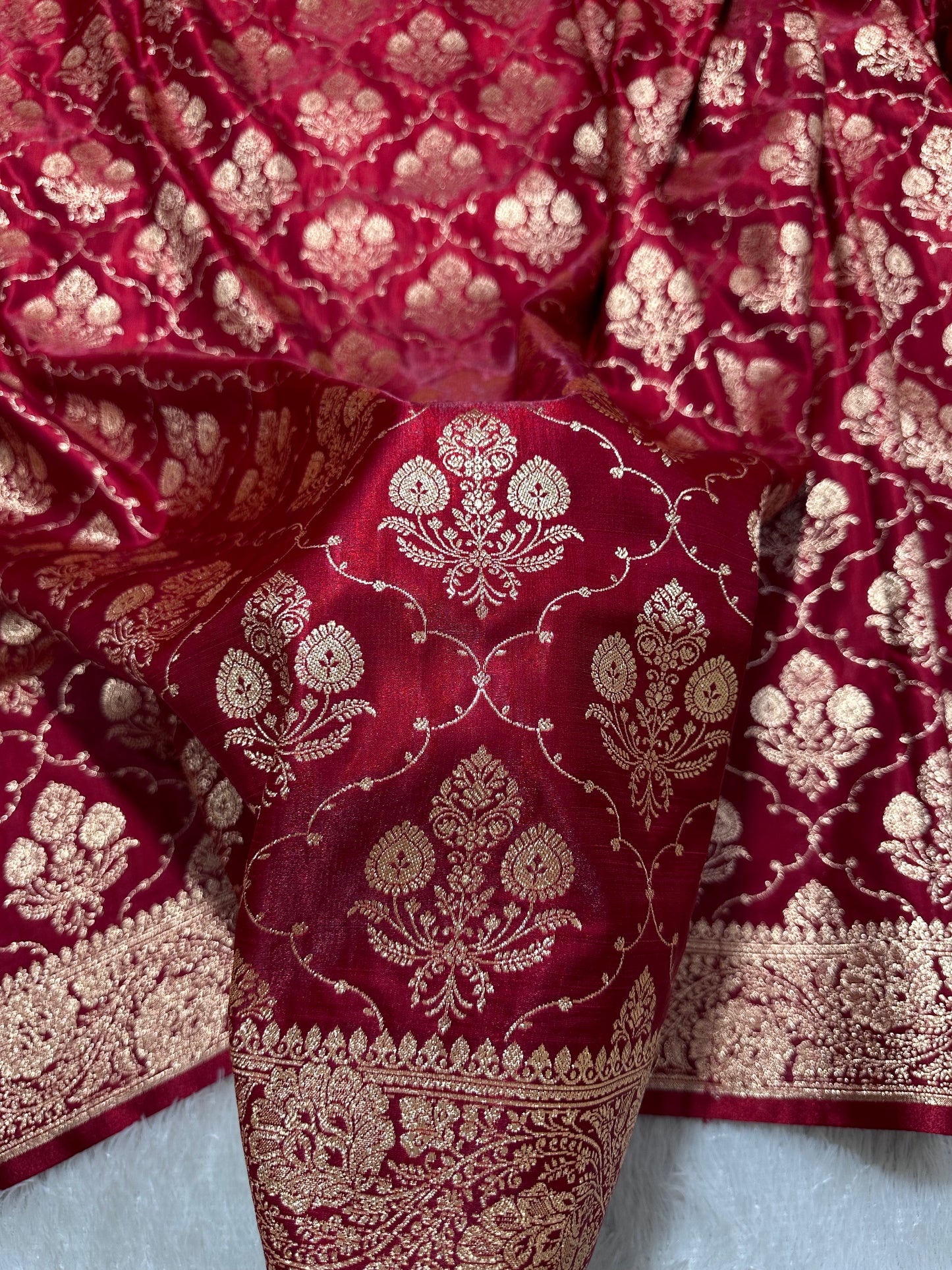 Elegant Maroon Satin Silk Banarasi Saree with Ornate Floral Vine Border and Full Jaal Body Work