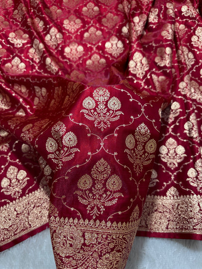 Elegant Maroon Satin Silk Banarasi Saree with Ornate Floral Vine Border and Full Jaal Body Work