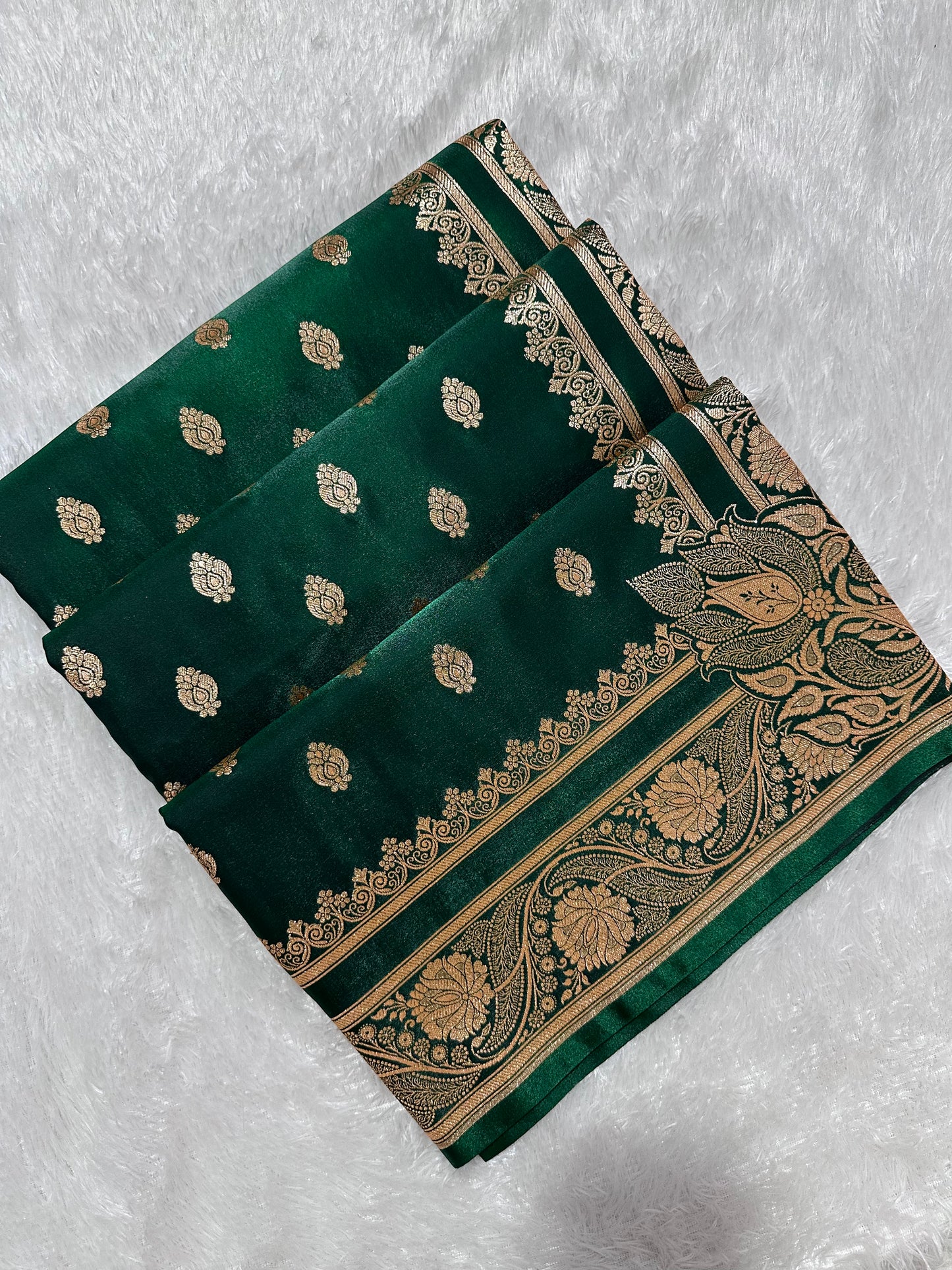 Elegant Bottle Green Satin Silk Banarasi Saree with Royal Meena-Floral Border and Traditional Diamond-Kalka Butis