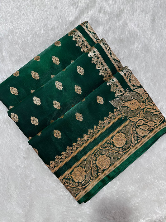 Elegant Bottle Green Satin Silk Banarasi Saree with Royal Meena-Floral Border and Traditional Diamond-Kalka Butis