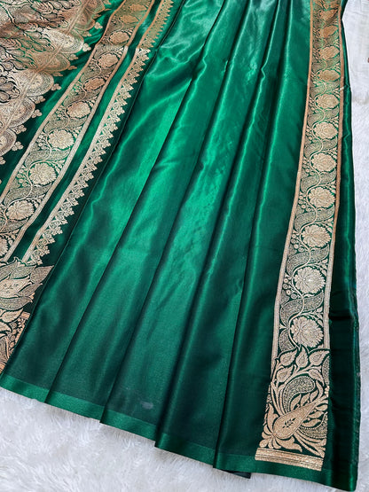 Elegant Bottle Green Satin Silk Banarasi Saree with Royal Meena-Floral Border and Traditional Diamond-Kalka Butis
