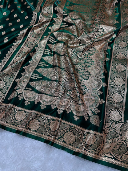 Elegant Bottle Green Satin Silk Banarasi Saree with Royal Meena-Floral Border and Traditional Diamond-Kalka Butis