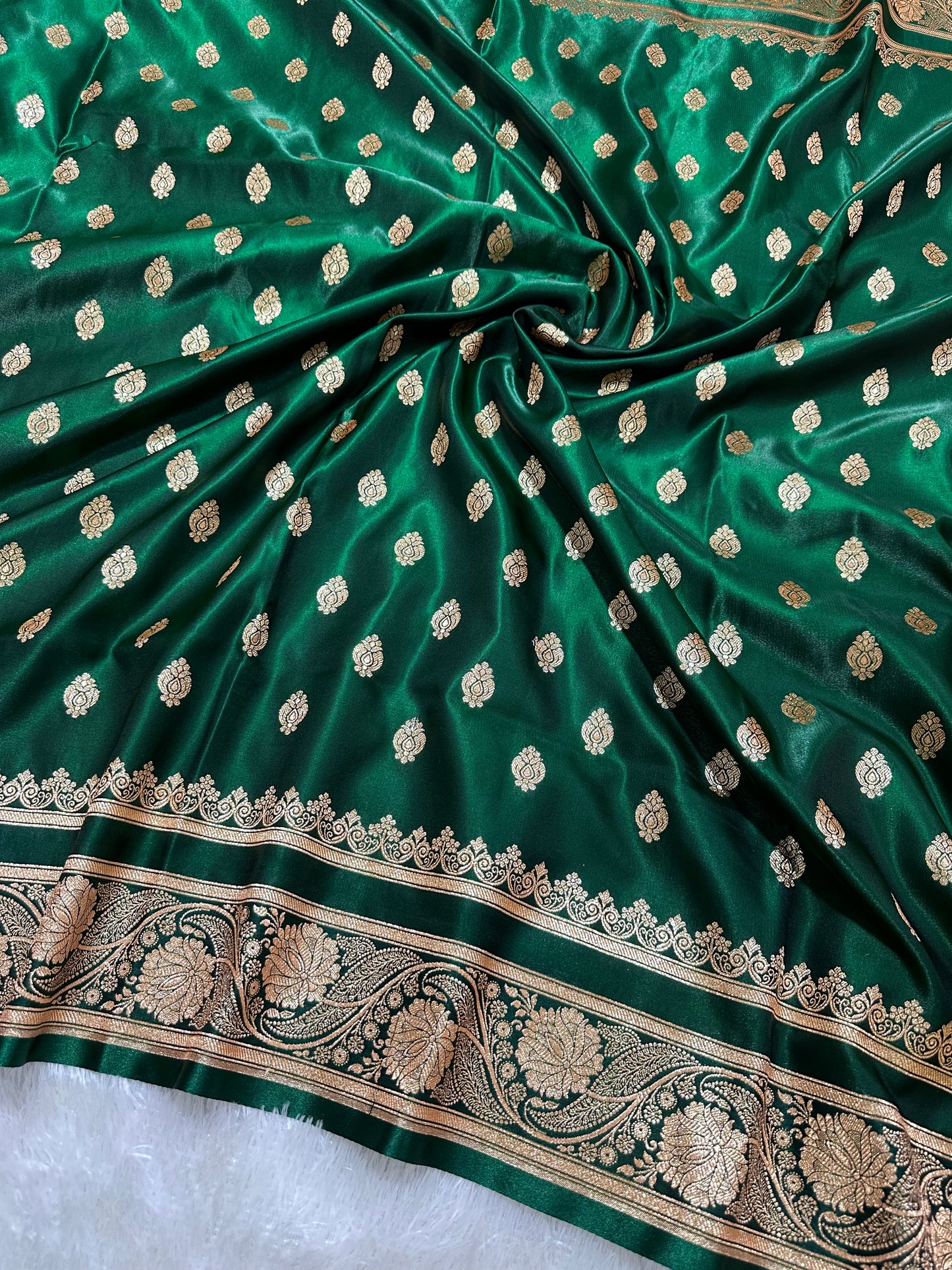 Elegant Bottle Green Satin Silk Banarasi Saree with Royal Meena-Floral Border and Traditional Diamond-Kalka Butis