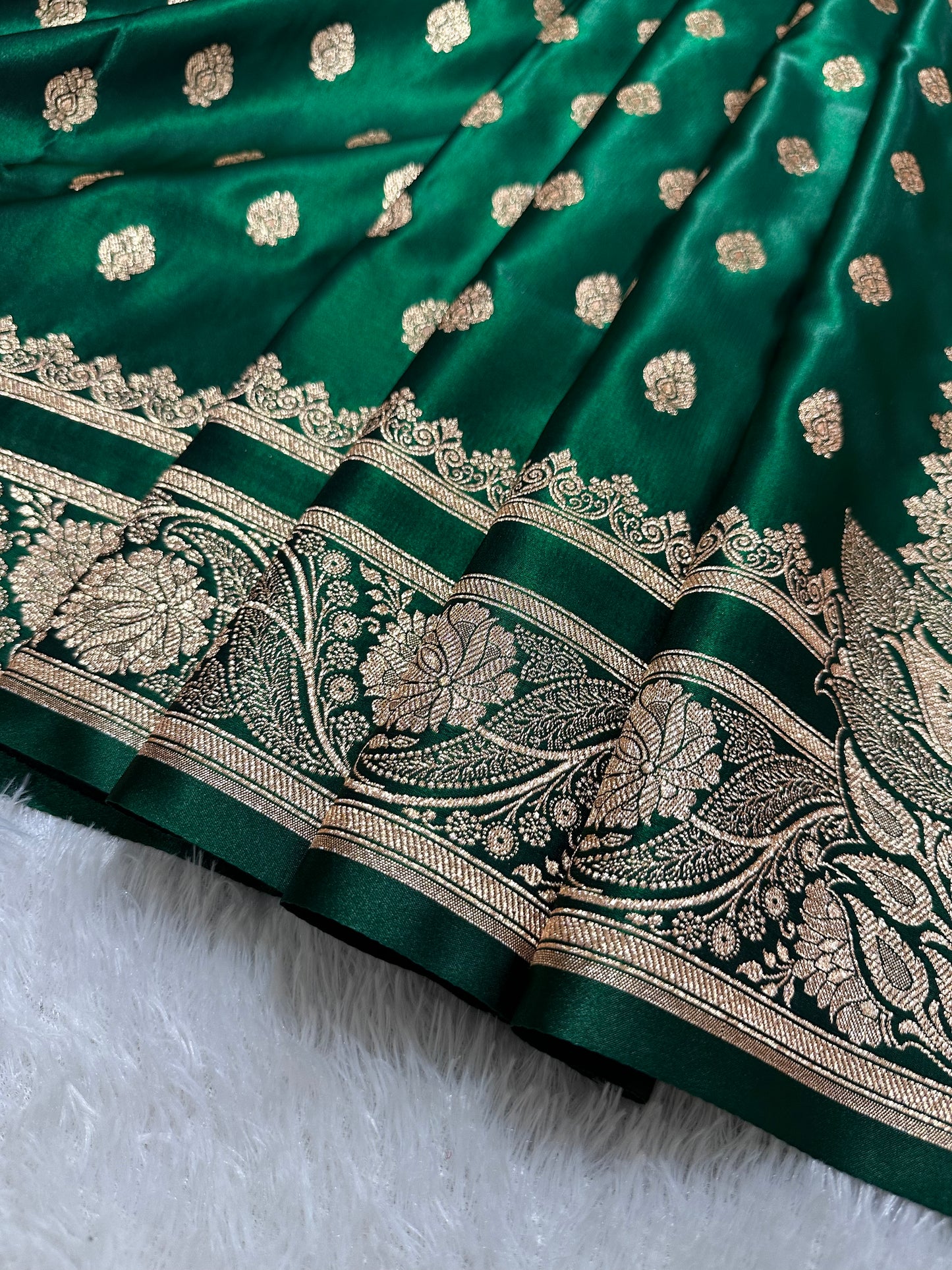 Elegant Bottle Green Satin Silk Banarasi Saree with Royal Meena-Floral Border and Traditional Diamond-Kalka Butis