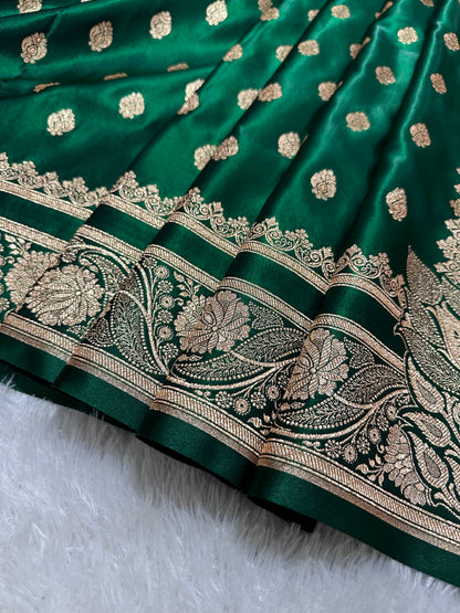 Elegant Bottle Green Satin Silk Banarasi Saree with Royal Meena-Floral Border and Traditional Diamond-Kalka Butis