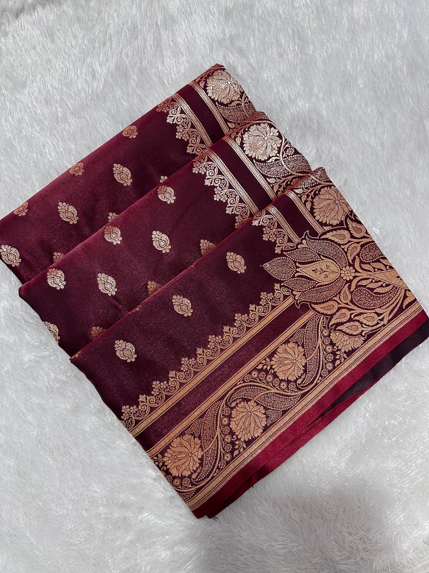 Bridal Wine Maroon Satin Silk Banarasi Saree with Royal Meena-Floral Border and Traditional Diamond-Kalka Butis