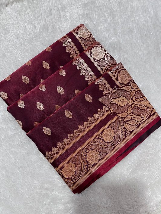 Bridal Wine Maroon Satin Silk Banarasi Saree with Royal Meena-Floral Border and Traditional Diamond-Kalka Butis