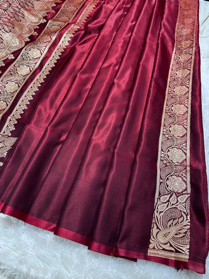 Bridal Wine Maroon Satin Silk Banarasi Saree with Royal Meena-Floral Border and Traditional Diamond-Kalka Butis