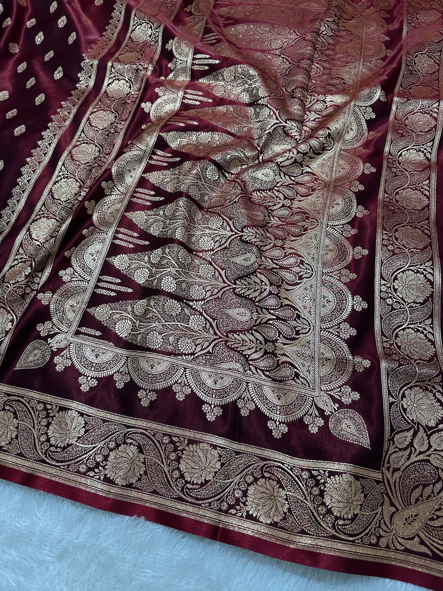 Bridal Wine Maroon Satin Silk Banarasi Saree with Royal Meena-Floral Border and Traditional Diamond-Kalka Butis