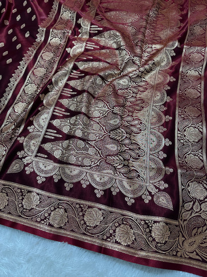 Bridal Wine Maroon Satin Silk Banarasi Saree with Royal Meena-Floral Border and Traditional Diamond-Kalka Butis