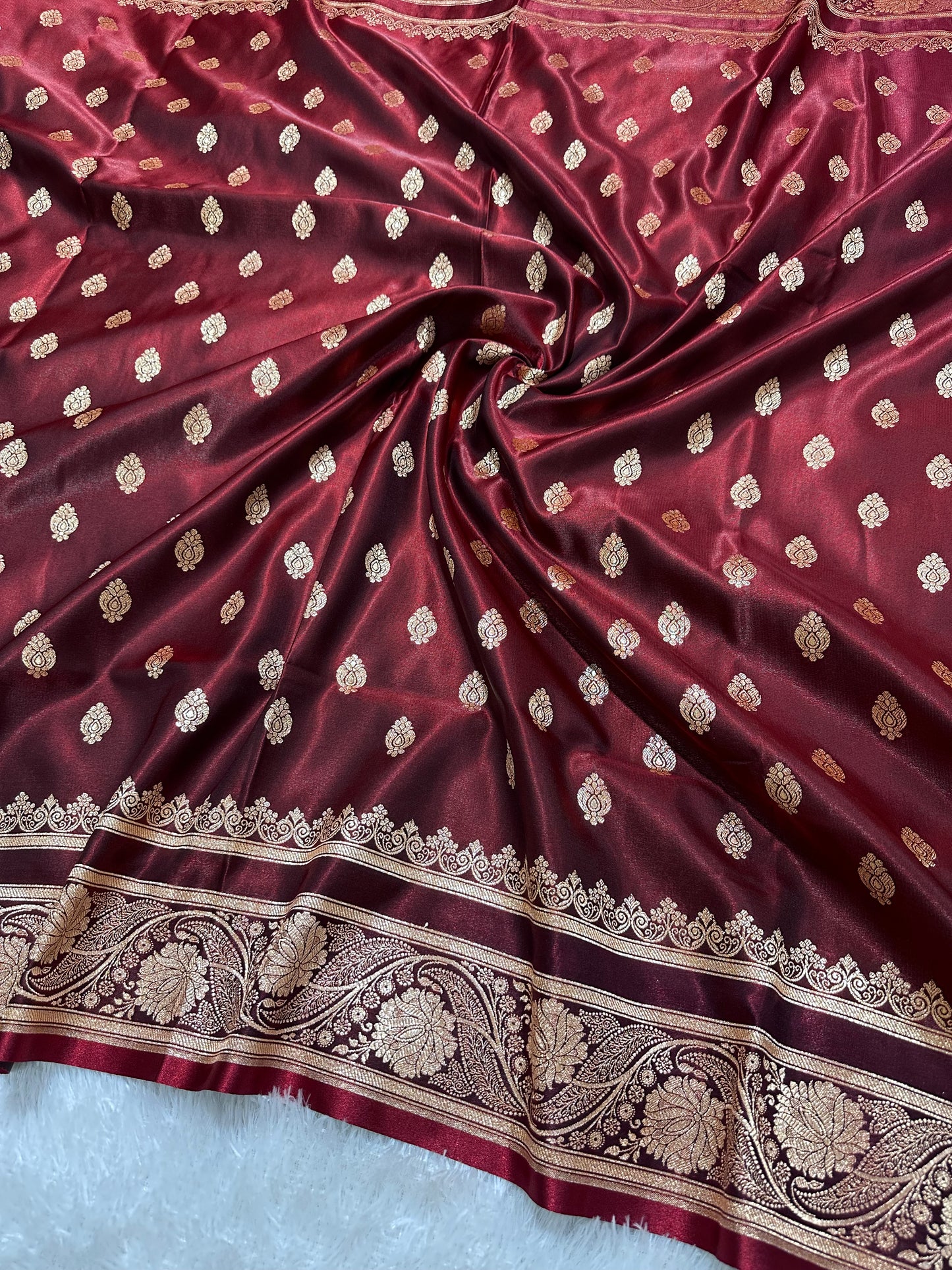 Bridal Wine Maroon Satin Silk Banarasi Saree with Royal Meena-Floral Border and Traditional Diamond-Kalka Butis