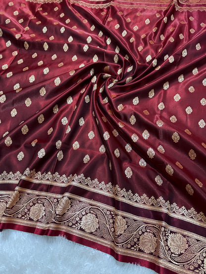 Bridal Wine Maroon Satin Silk Banarasi Saree with Royal Meena-Floral Border and Traditional Diamond-Kalka Butis