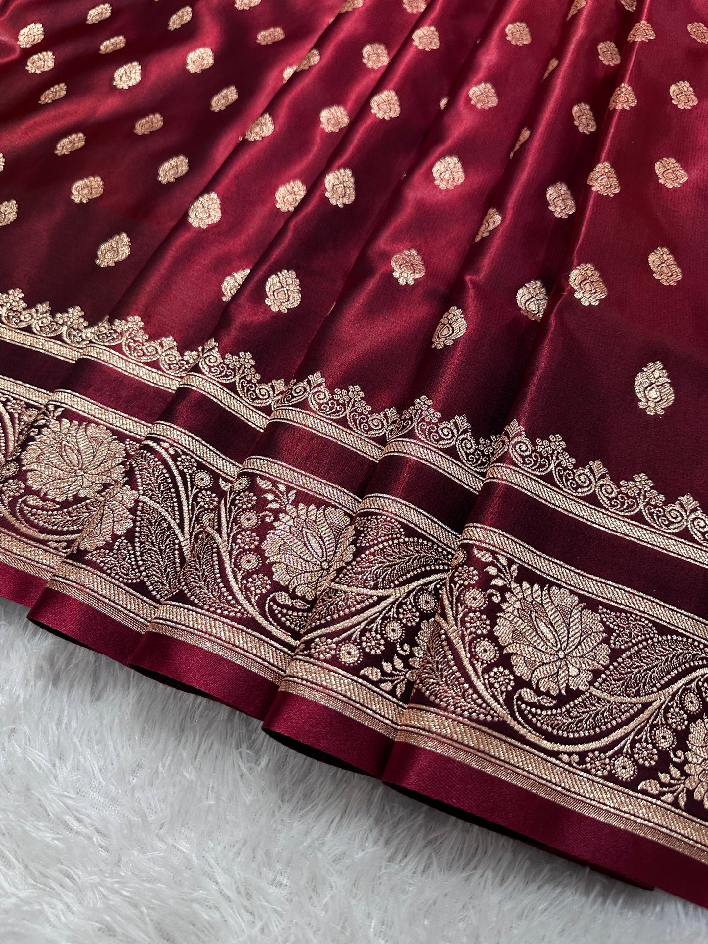 Bridal Wine Maroon Satin Silk Banarasi Saree with Royal Meena-Floral Border and Traditional Diamond-Kalka Butis