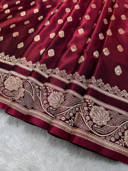 Bridal Wine Maroon Satin Silk Banarasi Saree with Royal Meena-Floral Border and Traditional Diamond-Kalka Butis