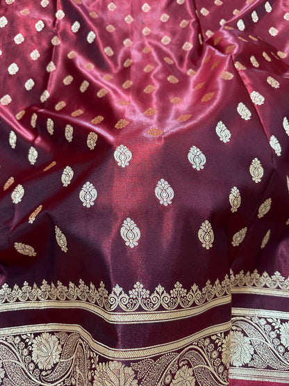 Bridal Wine Maroon Satin Silk Banarasi Saree with Royal Meena-Floral Border and Traditional Diamond-Kalka Butis