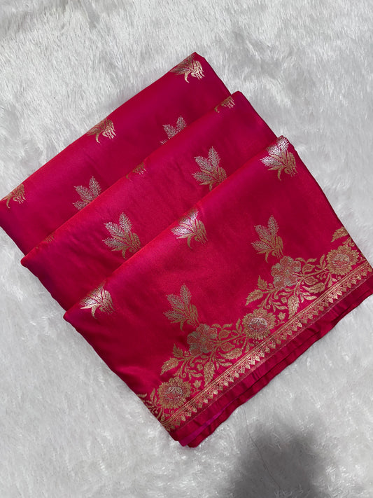 Rani Pink Katan Silk Banarasi Saree with Royal Meena-Floral Border and Vertical Wavy Floral Bel Work