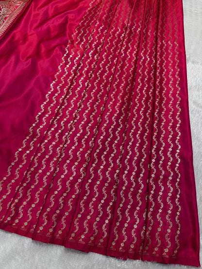 Rani Pink Katan Silk Banarasi Saree with Royal Meena-Floral Border and Vertical Wavy Floral Bel Work