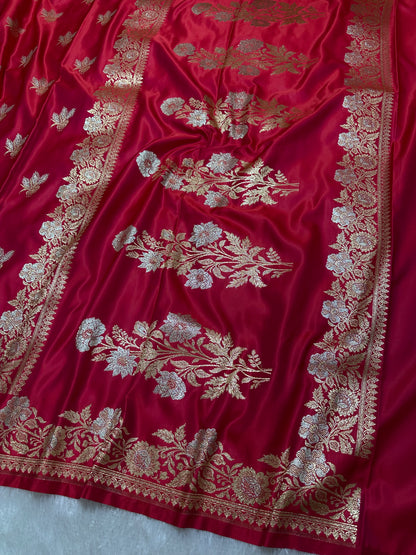 Rani Pink Katan Silk Banarasi Saree with Royal Meena-Floral Border and Vertical Wavy Floral Bel Work