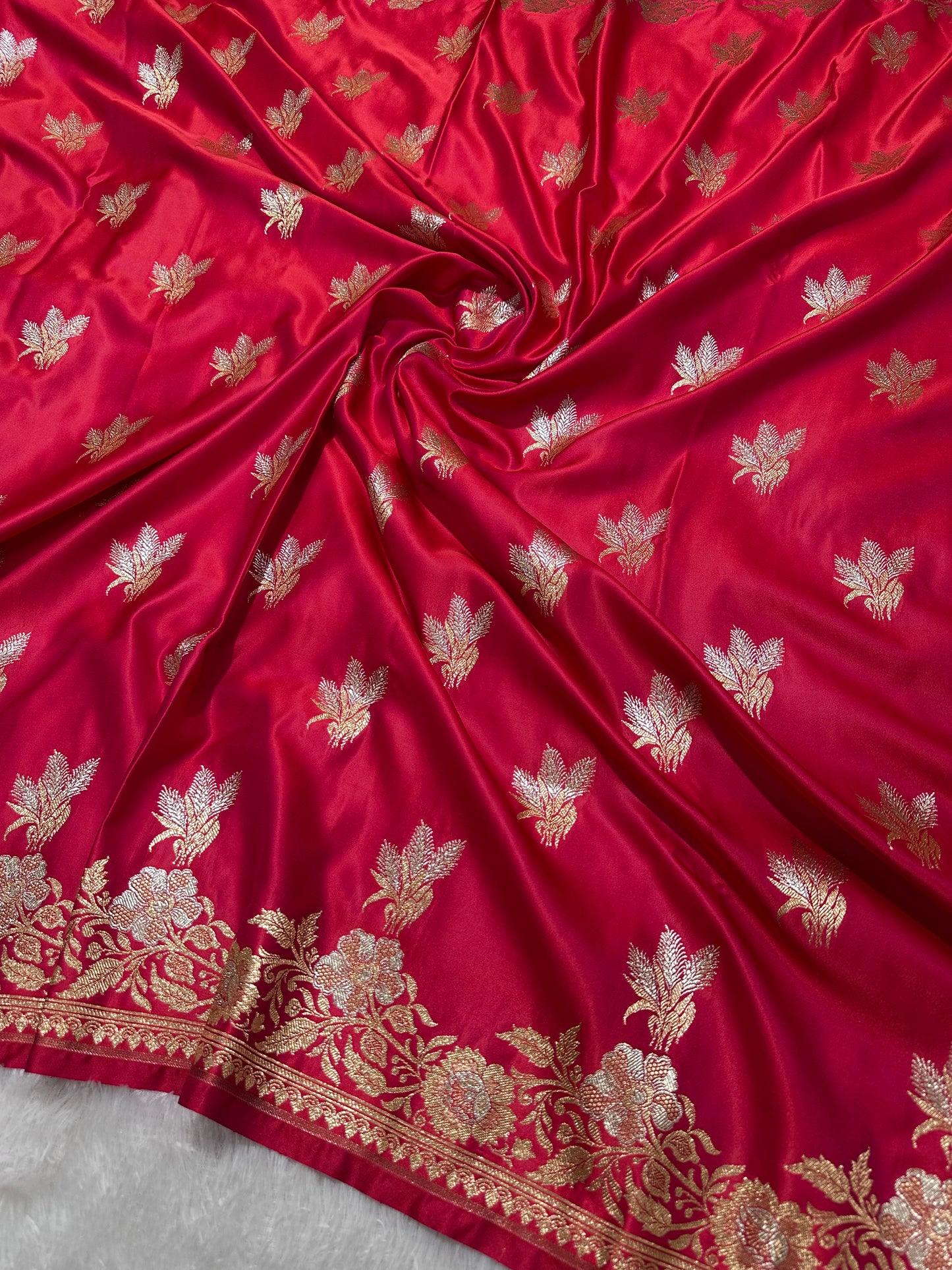 Rani Pink Katan Silk Banarasi Saree with Royal Meena-Floral Border and Vertical Wavy Floral Bel Work