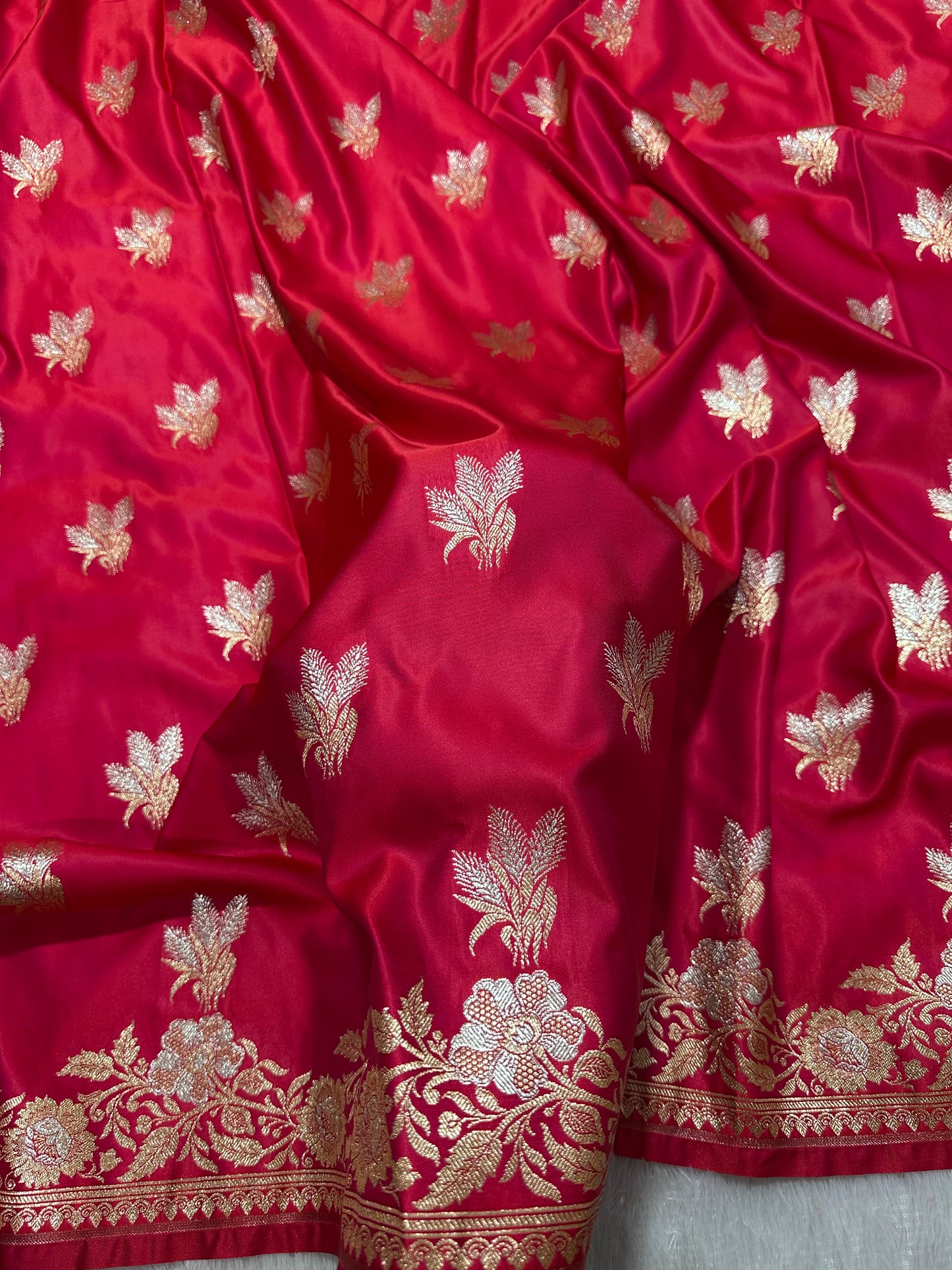 Rani Pink Katan Silk Banarasi Saree with Royal Meena-Floral Border and Vertical Wavy Floral Bel Work