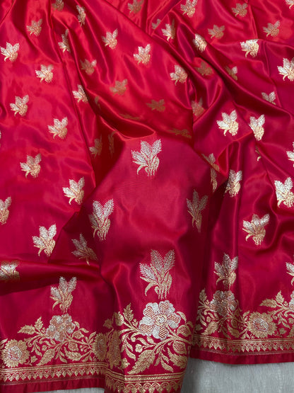 Rani Pink Katan Silk Banarasi Saree with Royal Meena-Floral Border and Vertical Wavy Floral Bel Work