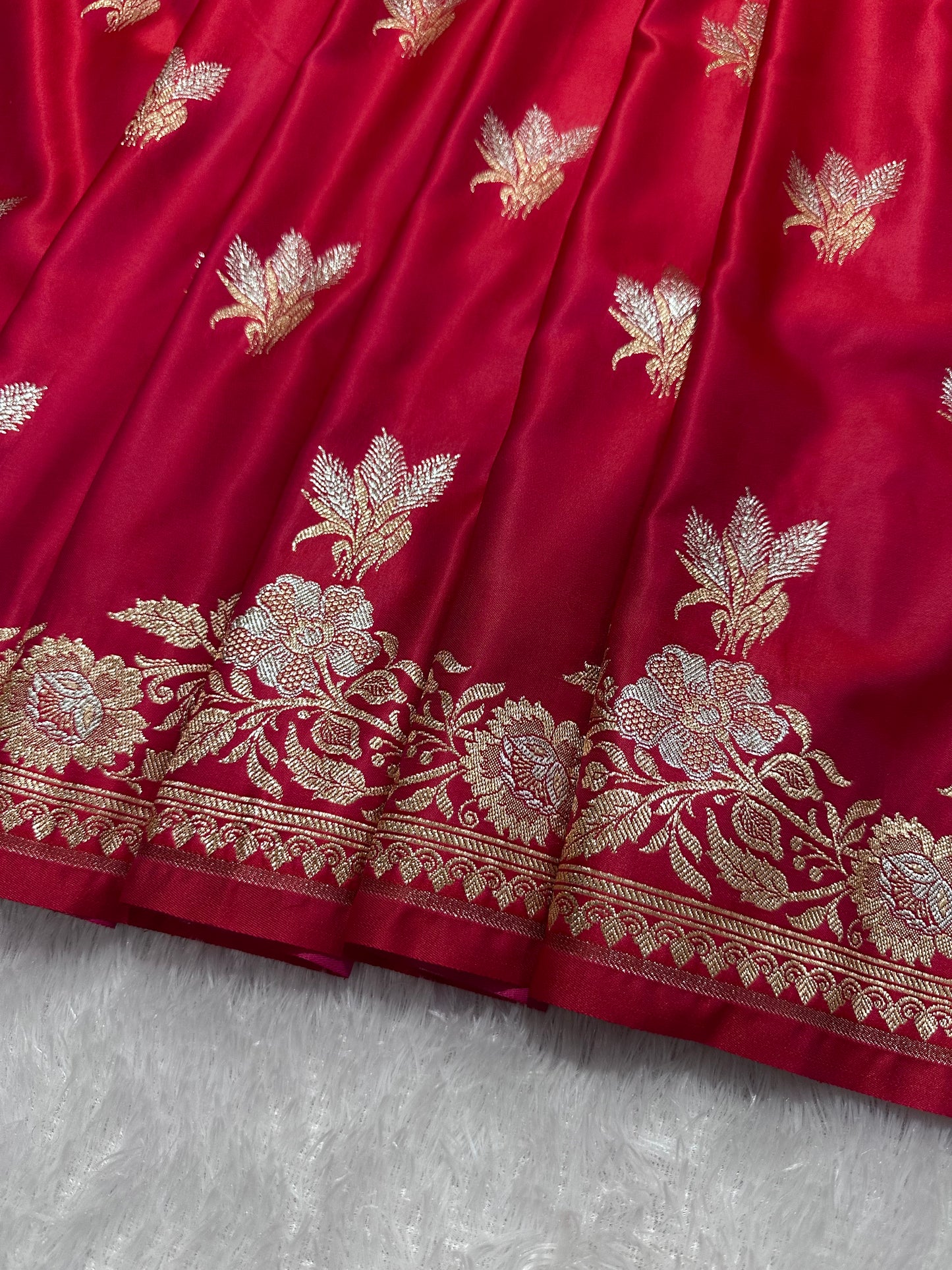 Rani Pink Katan Silk Banarasi Saree with Royal Meena-Floral Border and Vertical Wavy Floral Bel Work