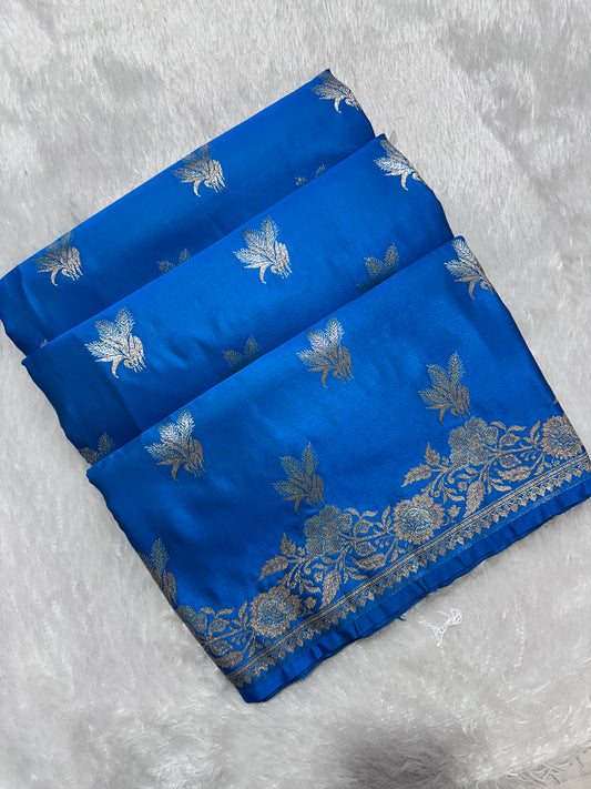 Elegant Firozi Blue Katan Silk Banarasi Saree with Delicate Floral Arch Border and Traditional Bouquet Leaf Butis