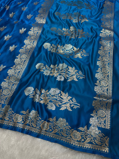 Elegant Firozi Blue Katan Silk Banarasi Saree with Delicate Floral Arch Border and Traditional Bouquet Leaf Butis