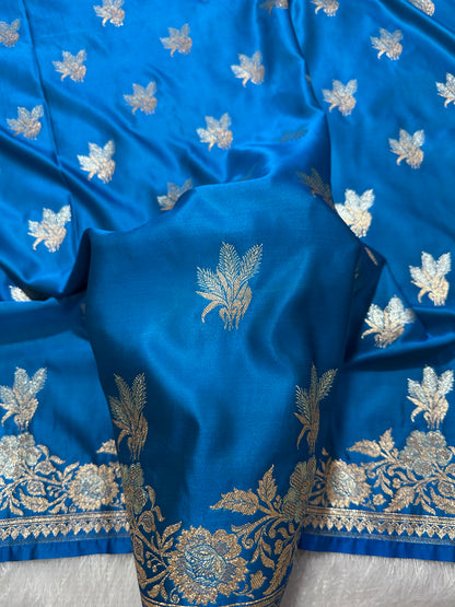 Elegant Firozi Blue Katan Silk Banarasi Saree with Delicate Floral Arch Border and Traditional Bouquet Leaf Butis