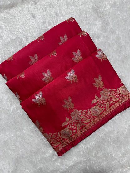 Elegant Tomato Red Katan Silk Banarasi Saree with Delicate Floral Arch Border and Traditional Bouquet Leaf Butis