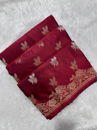 Elegant Maroon Katan Silk Banarasi Saree with Delicate Floral Arch Border and Traditional Bouquet Leaf Butis